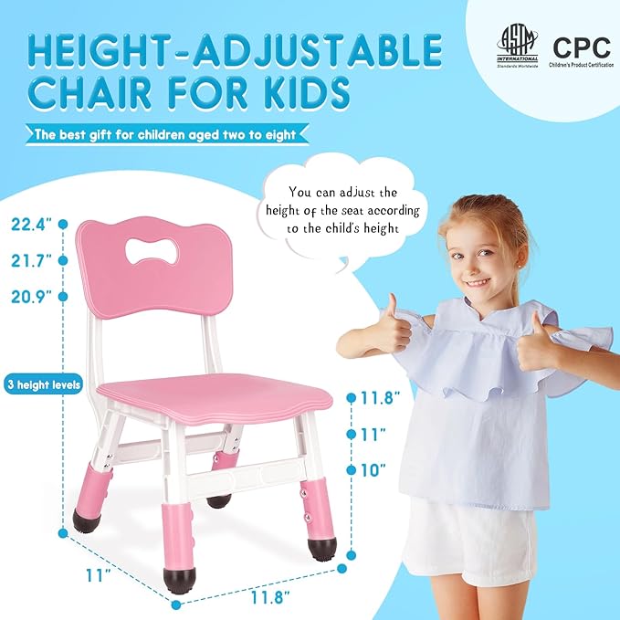 Kids Chair Height Adjustable Toddler Chair Max Load 220LBS Plastic Indoor Outdoor Chair for Children Age 1-6 School Home Daycare Use Pink