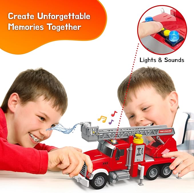 Fire Truck Toy Set for Kids - Fire Engine Truck with Water Spraying Hose, Rotating Ladder + 3 Fireman Firefighters 4-7, Girls 3 Years
