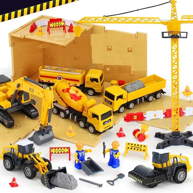 Construction Vehicles and Army Battle Site Set with Storage Container, 6 Vehicles