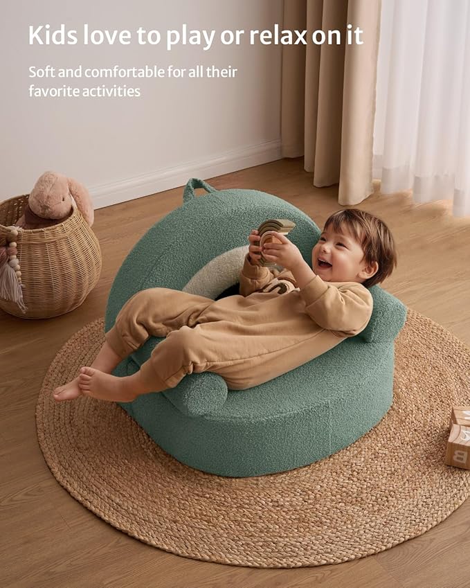 Blissful Diary Toddler Chair Comfy, Foam Kids Chair with Soft Teddy Plush, Toddler Reading Armchair with Cute Rainbow Designs- Sage Green