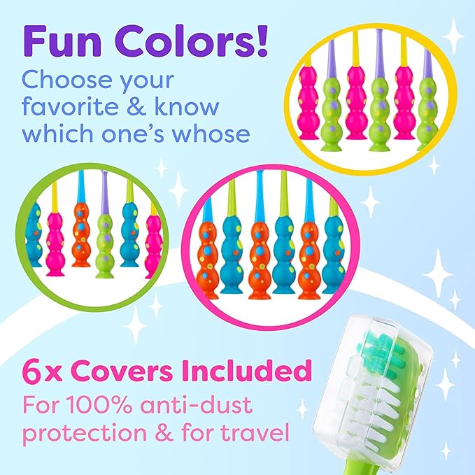 Trueocity Kids Toothbrush 6 Pack - Soft Contoured Bristles - Child Sized Brush Heads (3-10 Year Old) - Suction Cup for Fun & Easy Storage - Girl & Boy Set (6-Pack, Blue & Orange)
