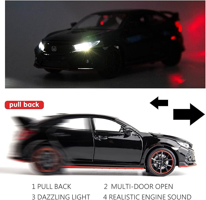 Compatible for 1:32 Diecasting Alloy Honda Civic Type-R Car Model Toy Car,Pull Back Alloy Car with Lights and Sound, Open Door for Kids Gift