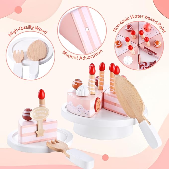 Wooden Birthday Cake Toys, DIY Pretend Play Food for Kids, Tea Party Fake Cake with Candles Plates Fork and Knife for Toddlers Ages 3 4 5 6 7 Years Old Boys Girls Gifts