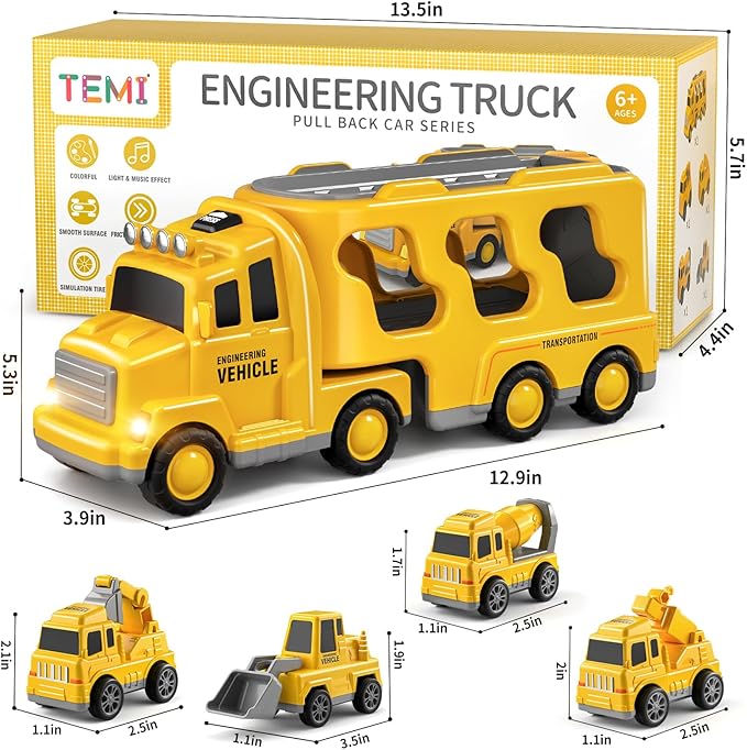 Construction Truck Toys Cars for Toddlers 3-5 - 5-in-1 Friction Power Vehicle Toy 3 4 5 6 Year Old Boys, Cranes Bulldozers Transport Trucks 3-9 Boys
