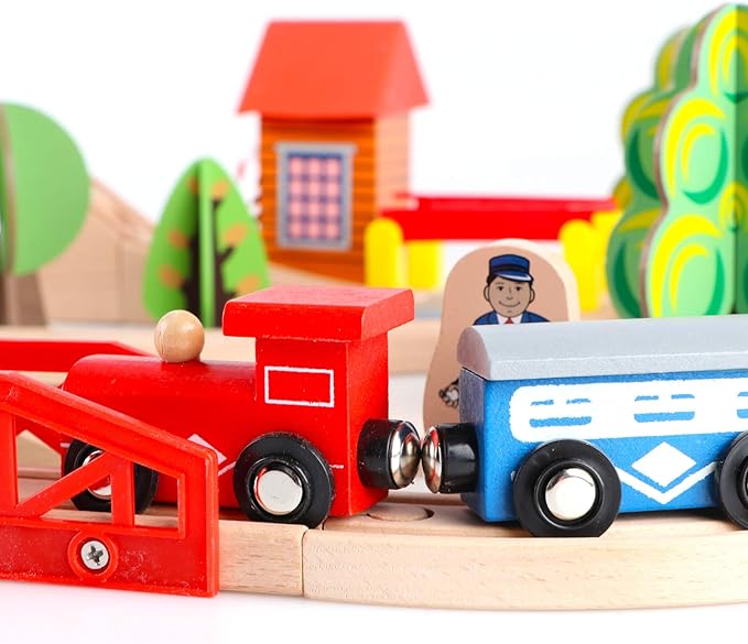 Qilay 69 PCS Wooden Train Set -Premium Wood Train Tracks & Trains Toys for Toddlers 3,4 5 Years
