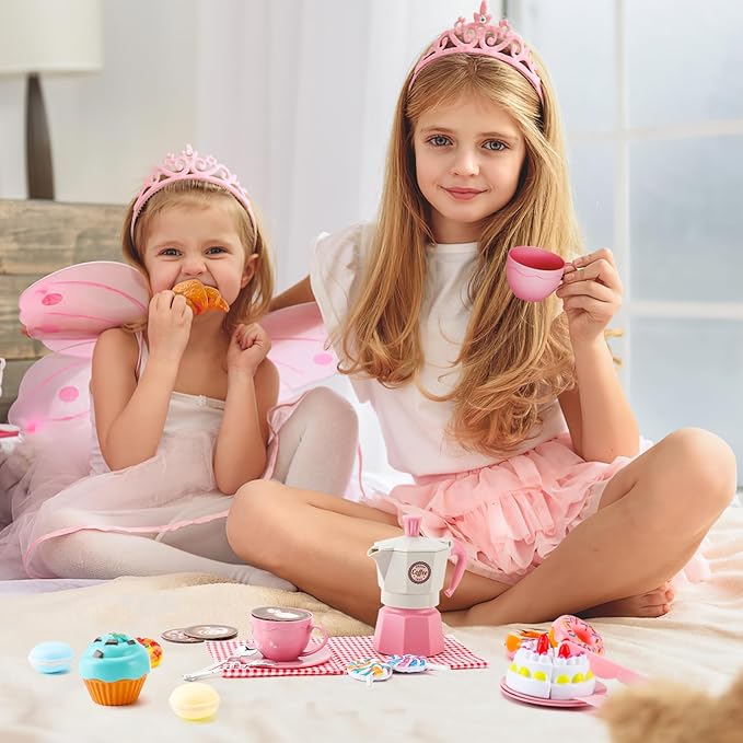 Tea Party Set for Little Girls, 30 Pcs Picnic Basket Set with Carry Case, Teapot, Tea Cup, Dessert & Table Cloth, Pretend Play Toy Gifts for Kids 4 5 6 Year Old (Pink)…