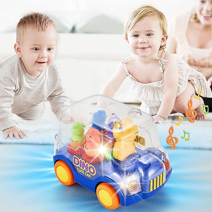 Dinosaur Bus Cars (Blue),Light Up Toy Toddler Trucks,Automatic Bump & Go Clear with Color Moving Gears, Music 1-3 2-4