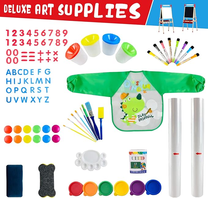 WOOD CITY Easel for Kids, Adjustable Standing Art Easel with Painting Accessories Wooden Chalkboard & Magnetic Whiteboard & Painting Paper Stand, Toddler Art Set Easel for Toddlers 2-12 Year Olds