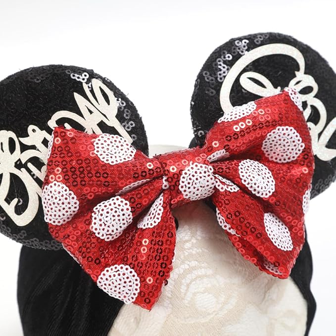 JIAHANG Baby Girl Mouse Ears Headwrap with Sequin Polka Dot Bow, Wide Velvet Turban Hairband