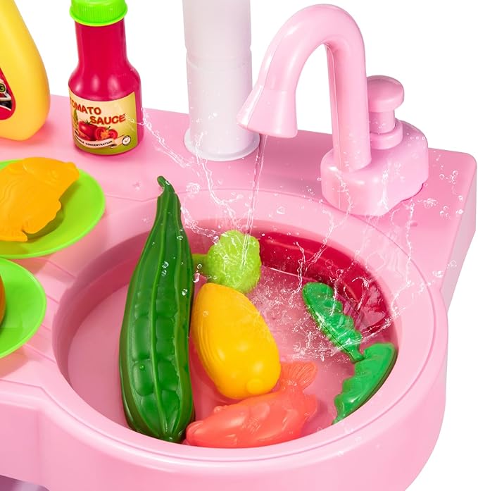 TEMI Play Kitchen Playset Pretend Food - 53 Pieces Pink Kitchen Toys for Toddlers, Toy Accessories Toddler Set with Sound and Light, Toddler Outdoor Playset for Kids, Girls and Boys