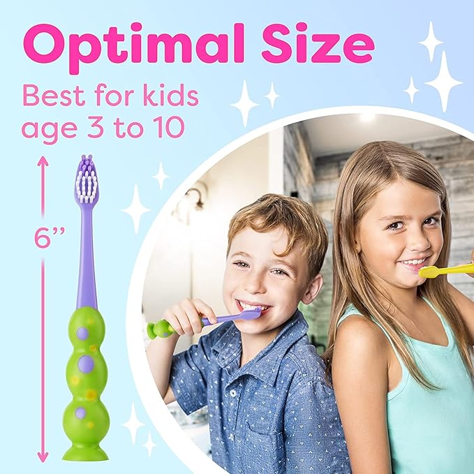 Trueocity Kids Toothbrush 2 Pack - Soft Contoured Bristles - Child Sized Brush Heads (3-10 Year Old) - Suction Cup for Fun & Easy Storage - Girl & Boy Set (2-Pack, Multi-Color)
