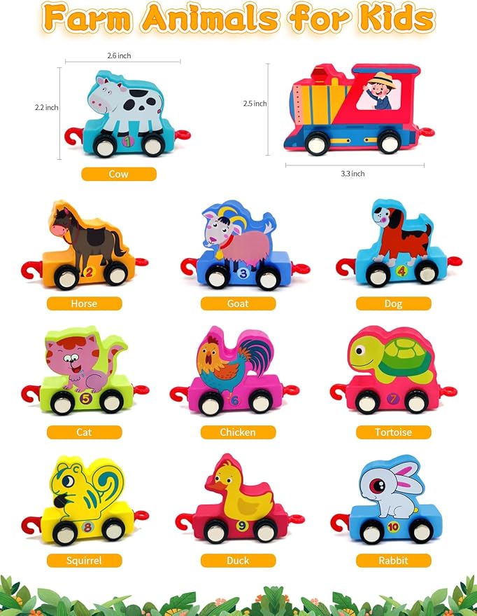 Toys for Toddlers, 11 Wooden Animals Train Set 2 Year 2-4 Boys 2, Preschool