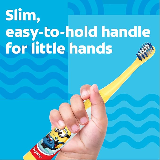 Colgate Kids Battery Powered Toothbrush, Kids Battery Toothbrush with Included AA Battery, Extra Soft Bristles, Flat-Laying Handle to Prevent Rolling, Minion Toothbrush, 1 Pack