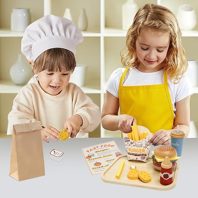 Wooden Pretend Play Fast Food for Kids,Play Food Sets for Kids Kitchen,Restaurant Play Set for Kids with Hamburger, Fries,Fried Chicken,Coke,Ketchup,Sauce,Gifts for 3 4 5+ Years Old