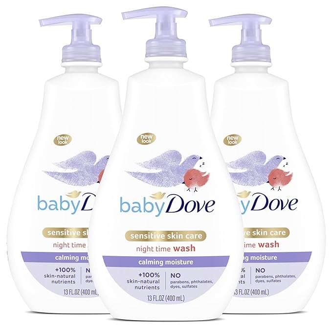 Baby Dove Calming Moisture Sensitive Skin Night Time Wash, 3 Pack Hypoallergenic and Tear-Free Bath Wash 400 ml (3x 13.52