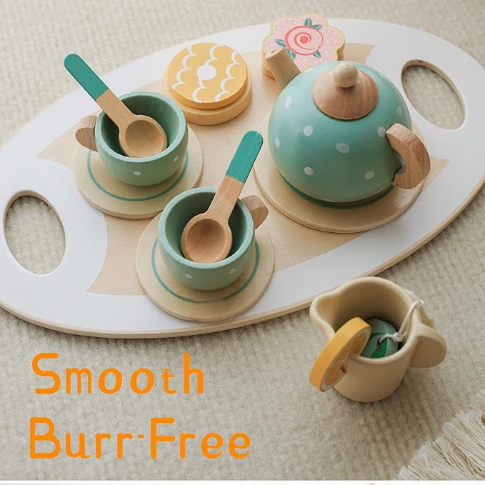 Wooden Tea Party Set for Little Girls Toys, Pretend Play Kids Tea Set for Toddlers Wood Toys, Wooden Play Food Kitchen Accessories Sets for Kid
