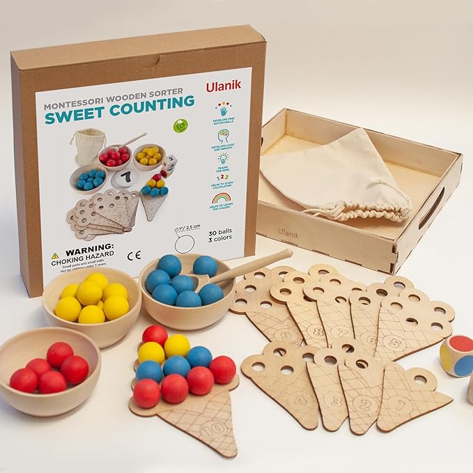 Ulanik Sweet Counting Toddler Montessori Toys for 3 Year Old + Kids Wooden Matching Game for Learning Color Sorting and Counting β 30 Balls, 0.98 in