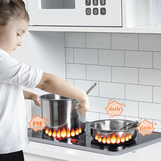 Wooden Play Kitchen - Kids Kitchen Playset with Cookware Accessories, Microwave, Oven, Sink, Real Lights & Sounds - Perfect for Chef Pretend Play, White