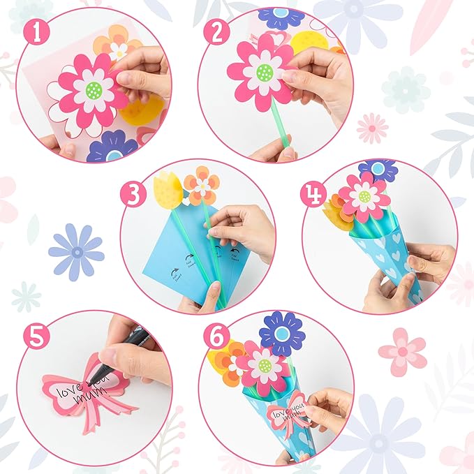 BeYumi Flower Bouquet Craft Kit - 72Pcs Mother's Day Flower Bouquet Craft in Two Colors for Kids Make Your Own Flower Bouquet Teacher Appreciation Week DIY Gift School Classroom Home Fun Activities