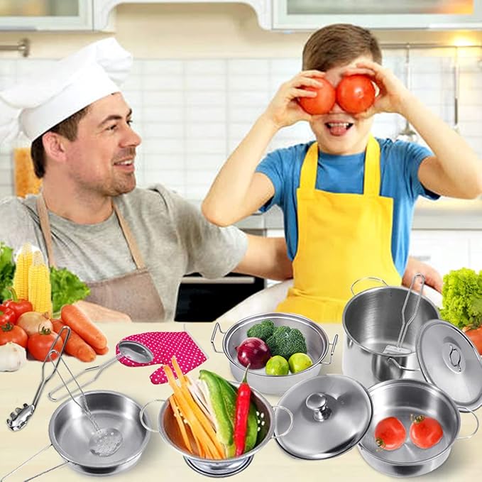 Cookware Pots and Pans Play Set with Cooking Mini Stainless-Steel Kitchen Cooking Utensils Toys,Pretend Toys for Kids, Educational&Development Toy Kitchen Playset Accessories for Kids Ages 3+