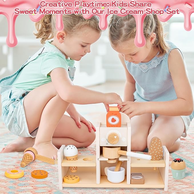 Wooden Ice Cream and Coffee Play Set for Kids, Pretend Play Toy Ice Cream Shop & Coffee Maker for Toddlers Ages 3-5, for Boys & Girls