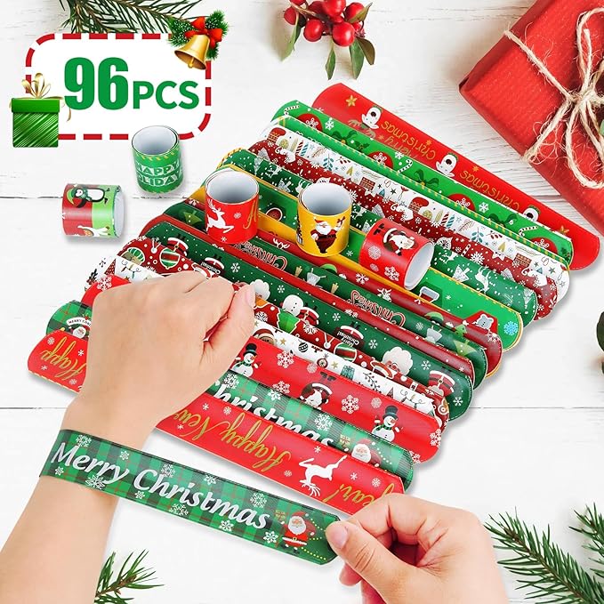 96 PCS Christmas Party Favors for Kids Bulk,Treats Bags Slap Bracelets Holiday Slap Bracelet Trinkets for kids School Classroom Students ,Goody Goodies Bag Stocking Stuffers Gifts Toys Xmas Gift