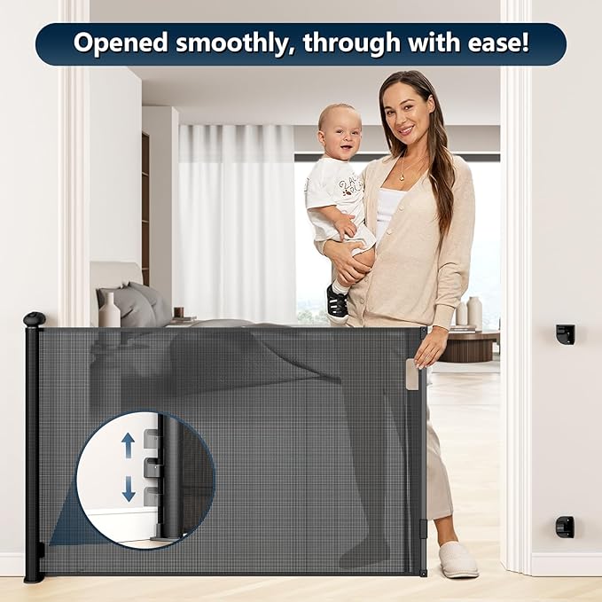Bulubaky Extra Tall Safety Retractable Baby Gate Adjustable Wide Retractable Dog Gate Mesh Baby Gate Child Gate for Doorway, Hallway, Stair Gates for Kids or Pets (Black, 33" Tall x 71")