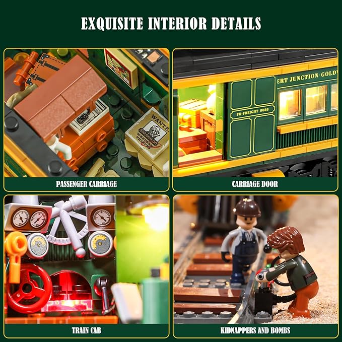 Funwhole Wild West Freight Train Lighting Building-Bricks Set - Classic 4-4-0 Locomotive Model 1524 Pcs Ideas Kit for Adult and Teens