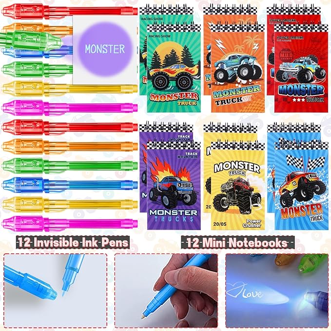 Winrayk Monster Truck Party Favors Kids Birthday Supplies, Invisible Ink Pen Notebook Straw Gift Bag DIY Sticker Keychain Slap Bracelet, Pinata Filler Goody Stuffer Game Boys Monster Truck Party Decor
