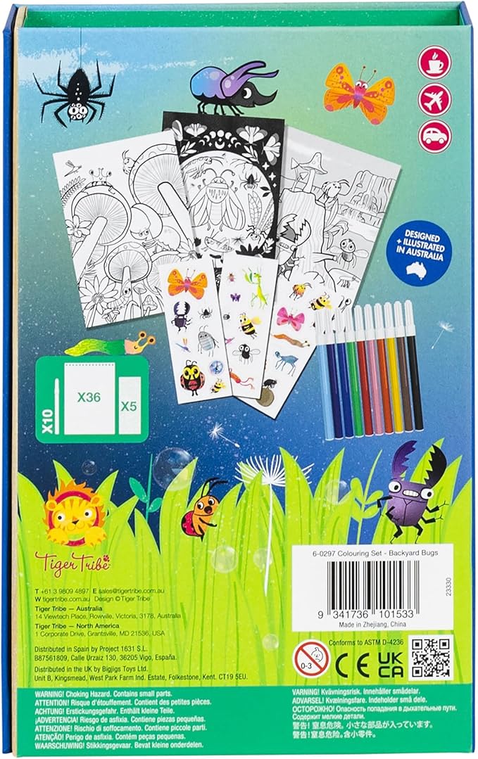 Tiger Tribe: Coloring Set - Backyard Bugs - All-in-1, Stickers & Markers, Cute Garden Critters, Magnetic Sealed Storage Box for Travel, Kids Ages 5+
