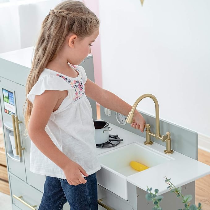 Teamson Kids Little Chef Charlotte Modern Modular Interactive Wooden Play Kitchen with Refrigerator, Stove and Sink in Gray with Gold Accents