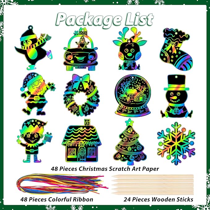 Christmas Scratch Crafts Art for Kids, 48 Pieces Rainbow Christmas Scratch Paper Art with Wooden Sticks, Christmas Ornaments for Kids Party Favors Supplies