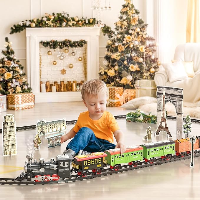 TEMI Large Train Set - Kids Electric Train Toy with 3 Way Smoke Locomotive, Light and Sounds