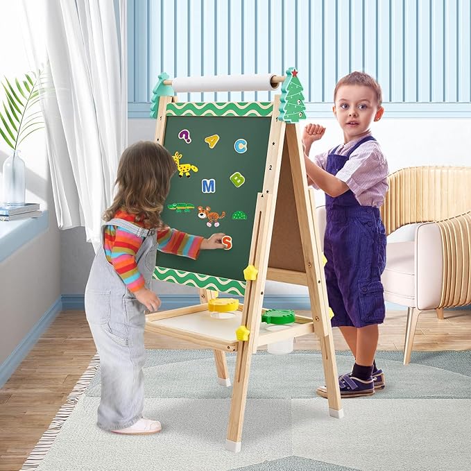 Wooden Art Easel for Kids with Paper Roll Height Adjustable Standing Easel Double-Sided Easel with Whiteboard Chalkboard Storage Tray Painting Accessories Gift for Boys Girls Toddler Ages 3+