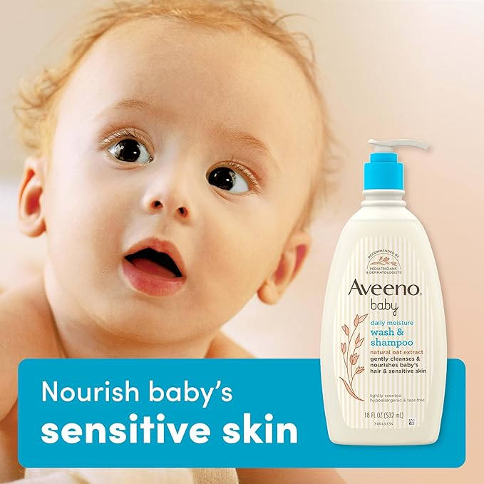Aveeno Baby Daily Moisture Gentle Body Wash & Shampoo with Oat Extract, 2-in-1 Baby Bath Wash & Hair Shampoo 18 fl.
