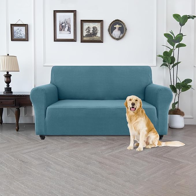 100% Waterproof Jacquard Fabric Couch Cover, Dual Layer with TPU Film, Leakproof High Elasticity Non-Slip Washable Furniture Protector for Pets, Dogs, Cats and Kids (Loveseat,Dusty Blue)