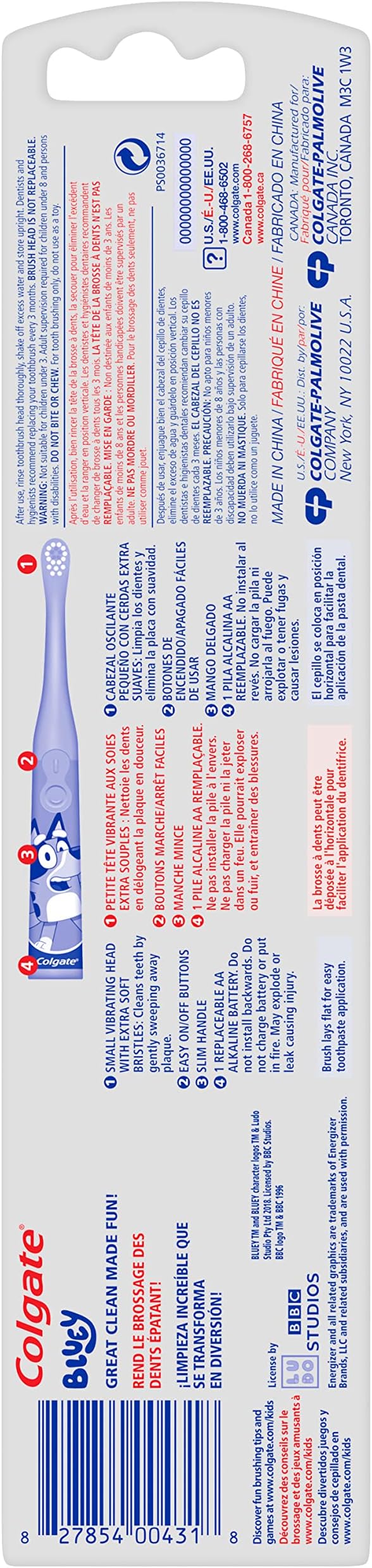 Colgate Kids Battery Powered Toothbrush, Kids Battery Toothbrush with Included AA Battery, Extra Soft Bristles, Flat-Laying Handle to Prevent Rolling, Bluey Toothbrush, 1 Pack