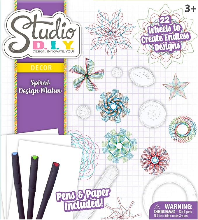 Sunny Days Entertainment Studio DIY Spiral Design Maker | Creative Art Set with 22 Spiral Wheels, Colored Pens, and 20 Sheets of Art Paper for Kids