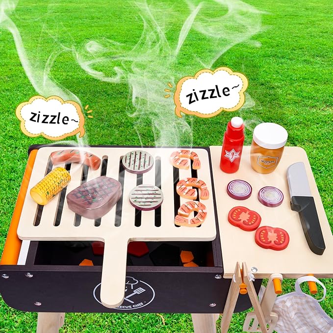 Wooden Play Barbecue Toy Grill, Kids BBQ Grill Playset with Play Food and Grilling Tools, Kids Cooking Sets, Outdoor Play Kitchen Set Kids, Pretend Play Kitchen Accessories Toddlers Age 3+