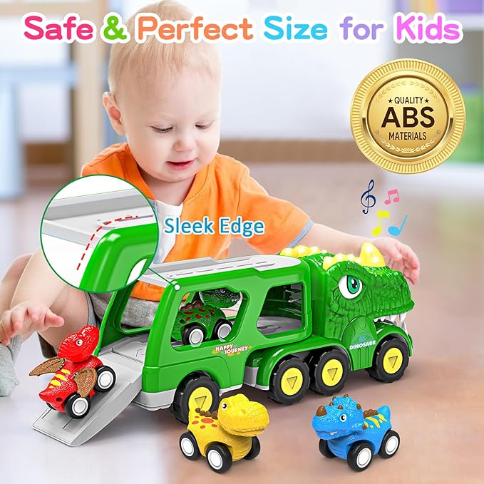 Toys for 1 2 3 4 Year Old Boy Girl, 5 in 1 Toy Trucks for Boys Age 2-3 with 4 Dinosaur Toy Cars for Toddlers 1-3