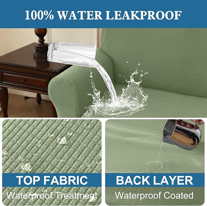 100% Waterproof Jacquard Fabric Couch Cover, Dual Layer with TPU Film, Leakproof High Elasticity Non-Slip Washable Furniture Protector for Pets, Dogs, Cats and Kids (Loveseat,Grass Green)