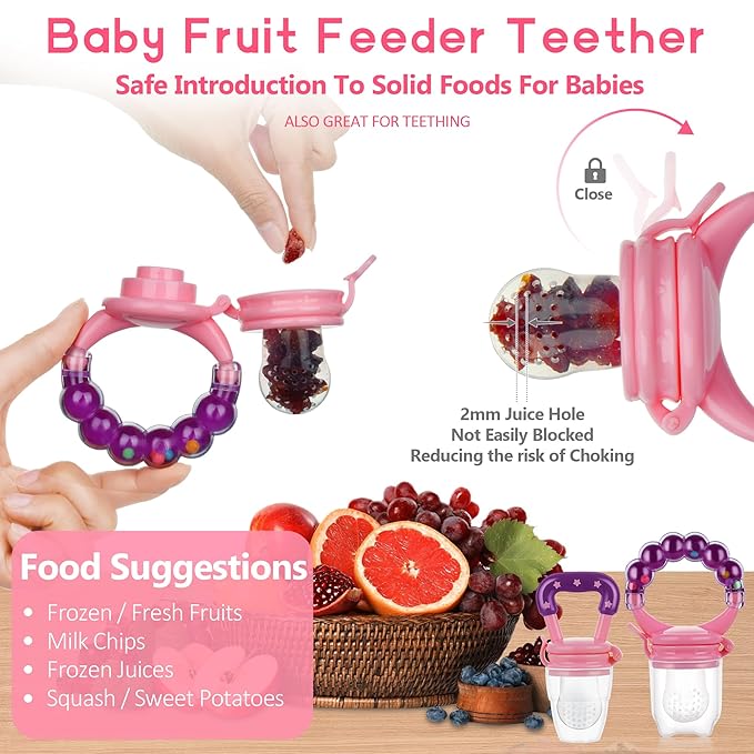 WAJIAYON Baby Fruit Feeder Pacifier - 12 Pack | 2 Baby Fruit Food Feeder Pacifier & 1 Baby Food Dispensing Spoon