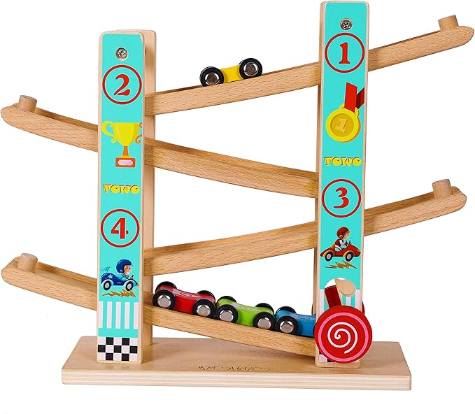 TOWO Pure Wooden Car Ramp - Zig Zag Car Slide 4 Wooden 2 3 4
