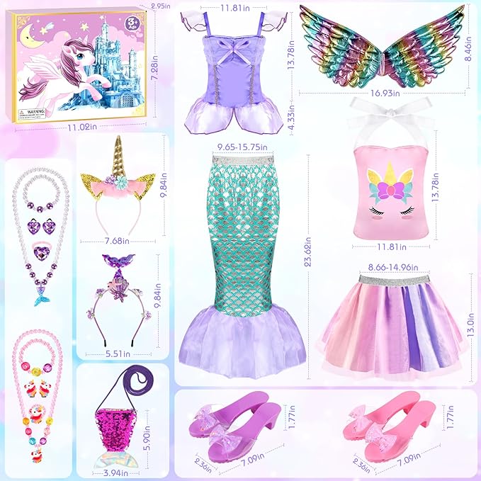Toddlers Princess Dress Up Clothes for Little Girls 3 4 5 6, Unicorn & Mermaid Kids Dress Up Princess Costume with Wing, Shoes, Play Jewelry, Kids Pretend Play Princess Toys Gifts for Girls Toddlers