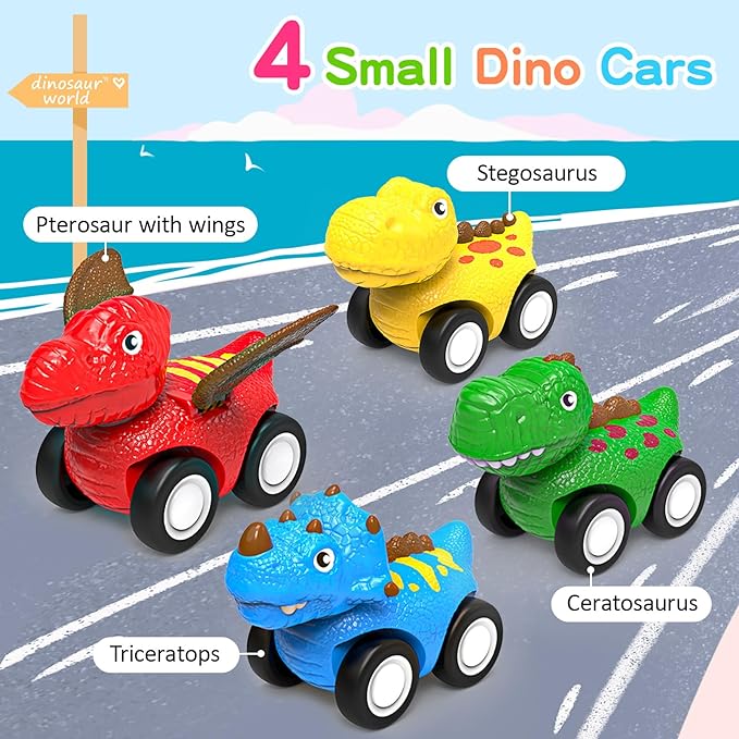 Toys for 1 2 3 4 Year Old Boy Girl, 5 in 1 Toy Trucks for Boys Age 2-3 with 4 Dinosaur Toy Cars for Toddlers 1-3