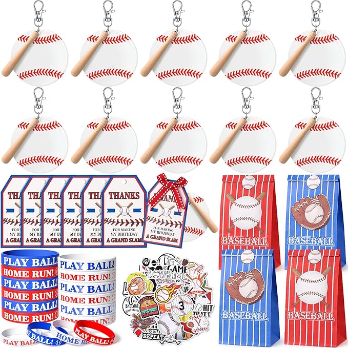 Winrayk 99Pcs Baseball Party Favors Birthday Supplies for Kids, Acrylic Keychain Paper Bag Silicone Bracelet Gift Card Sticker, Goodie Stuffer Teen Girls Boys Sports Baseball Themed Party Favors Decor