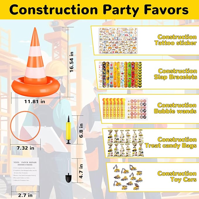 Construction Party Favors Construction Birthday Party Decorations for Kids Ring Toss Game Mini Construction Vehicles Toys Temporary Tattoos Gift Bags for Construction Birthday Party Game Supplies