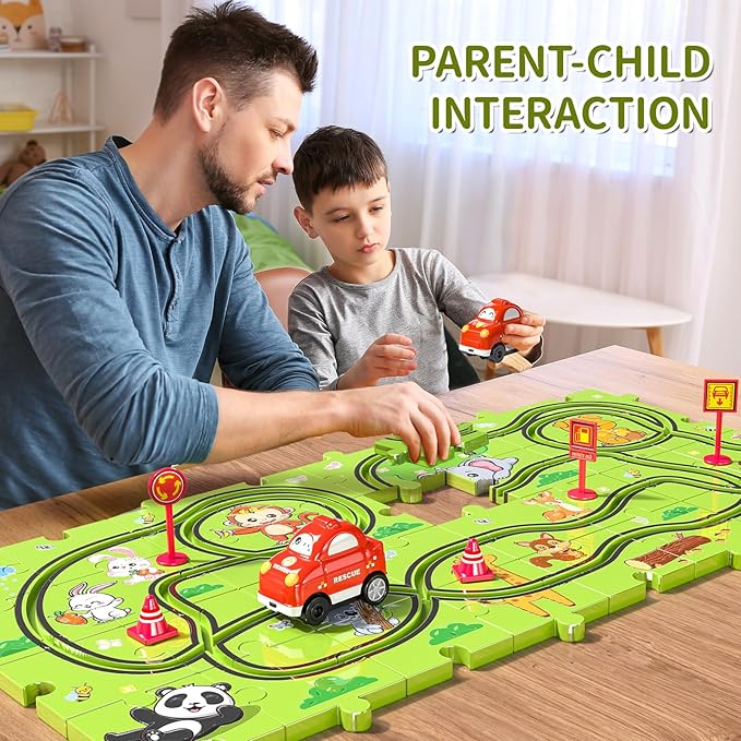 TEMI 32 PCS New Plastic Puzzles, car Tracks playset for Kids Ages 3-5 with 3 Cute Vehicle 4 5 6 Year