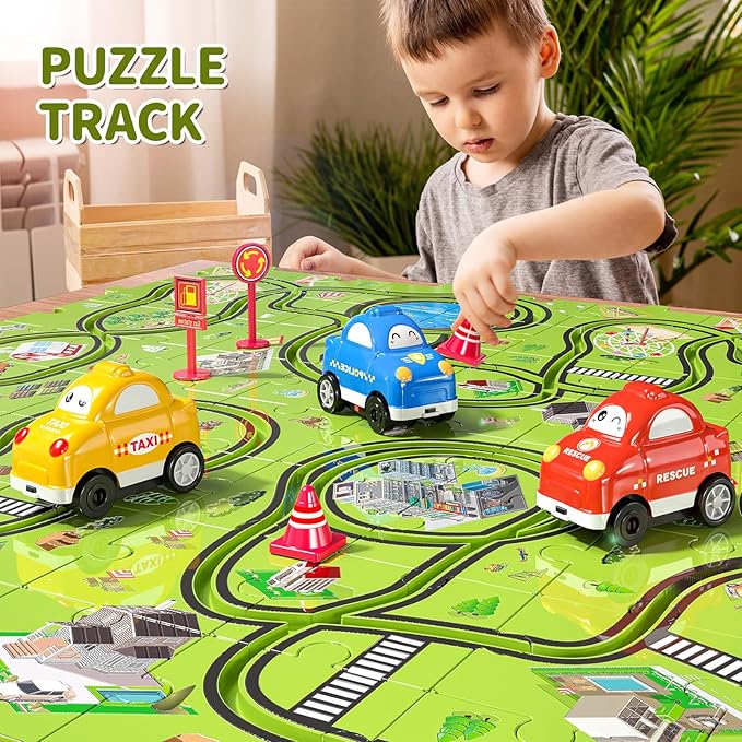 TEMI 64 PCS New Plastic Puzzles, car Tracks playset for Kids Ages 3-5 with 3 Cute Vehicle 4 5 6 Year