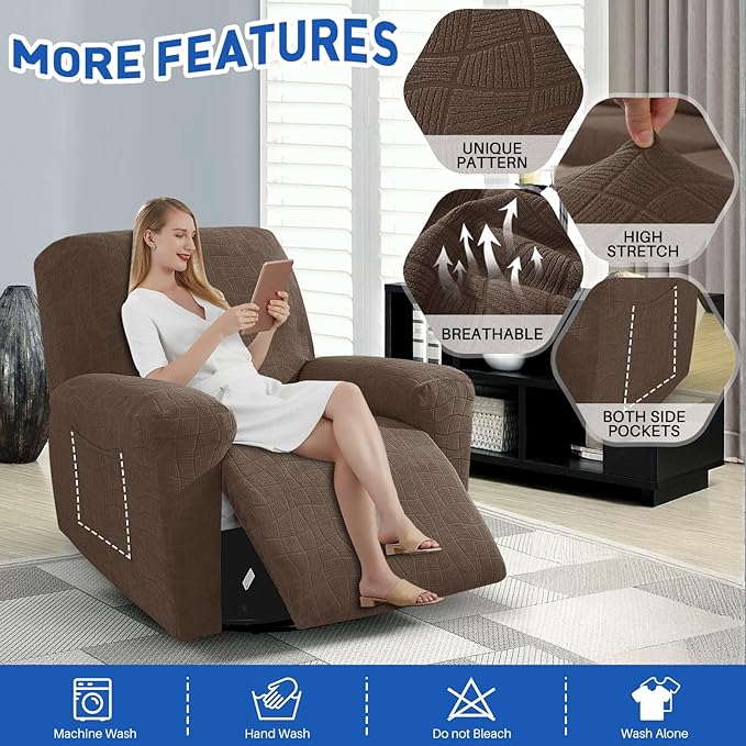 MAXIJIN Waterproof Recliner Covers for Large Recliner 3 Pieces Oversized Recliner Chair Covers, Washable Lazy Boy Reclining Slipcovers with Pockets for Pet, Kids (XL Recliner, Light Coffee)